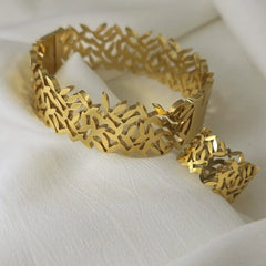Stainless Steel Leaf-Inspired Cutout Design Cuff Bangle And Ring Set
