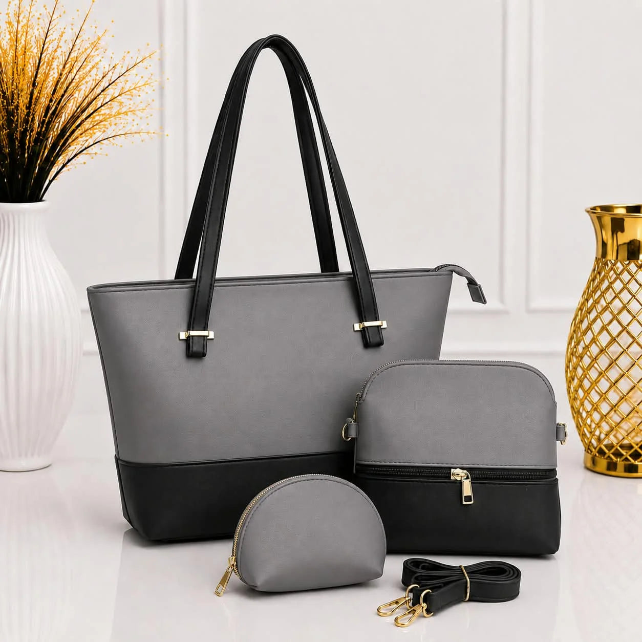 Dual Tone Leather Shoulder Tote Bag - 3 Piece Set