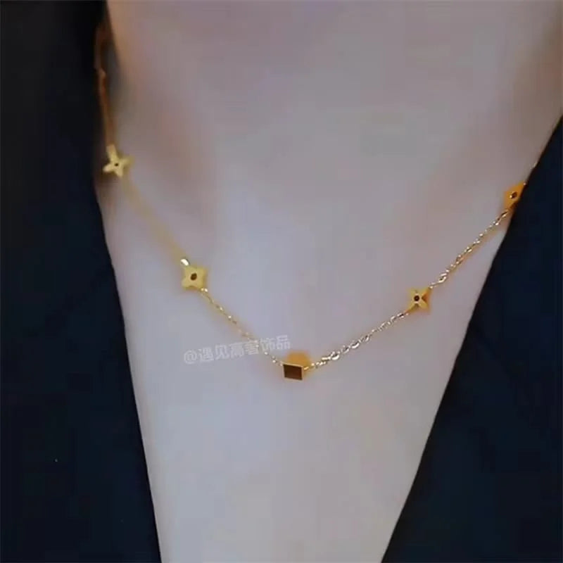 Gold Clover & Square Bead Charm Station Necklace - Each