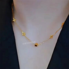 Gold Clover & Square Bead Charm Station Necklace - Each