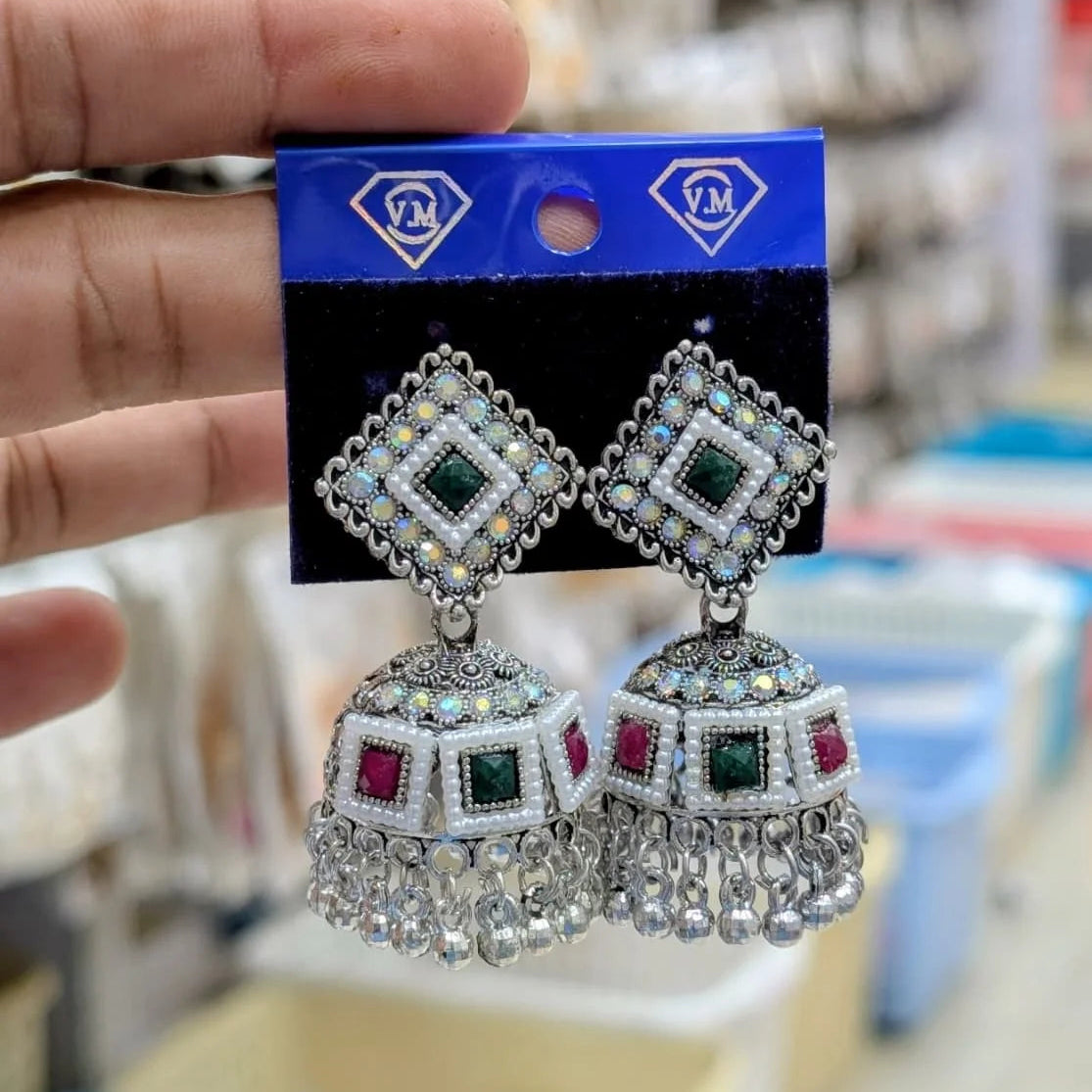 Oxidized Silver Multi Color Stone Jhumkas