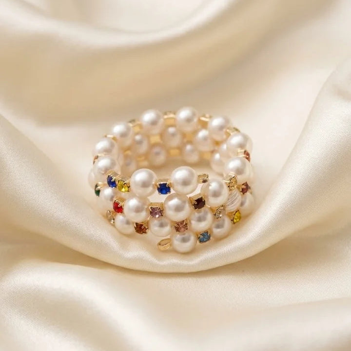 Triple Strand Pearl & Multicolor Crystal Bangle Bracelet