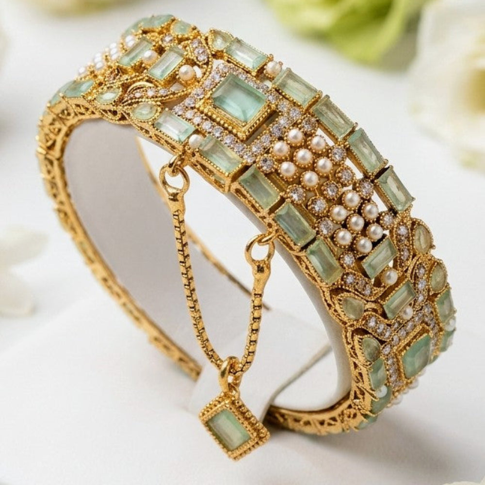 Gold-Plated Mint Green Stone Openable Kangan - Each