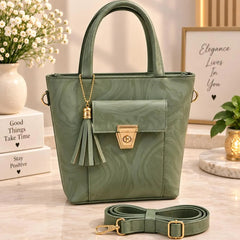 Marble Print Flap Pocket Top Handle Tote Bag with Tassel & Strap