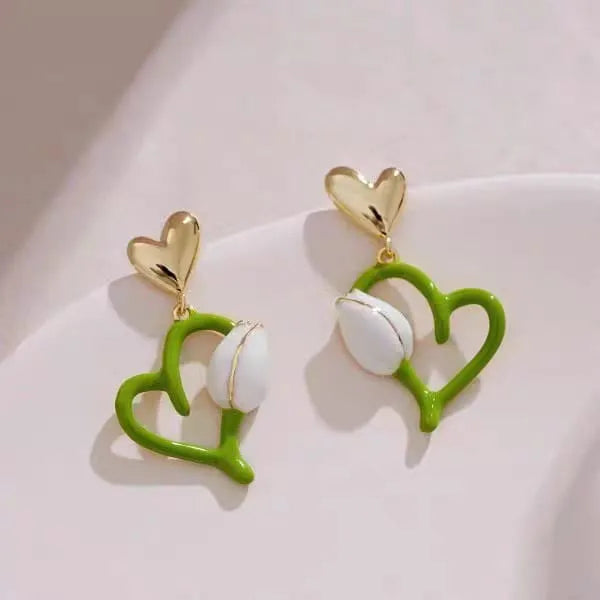 French White Flower Tulip Fruit Green Peach Heart Earring