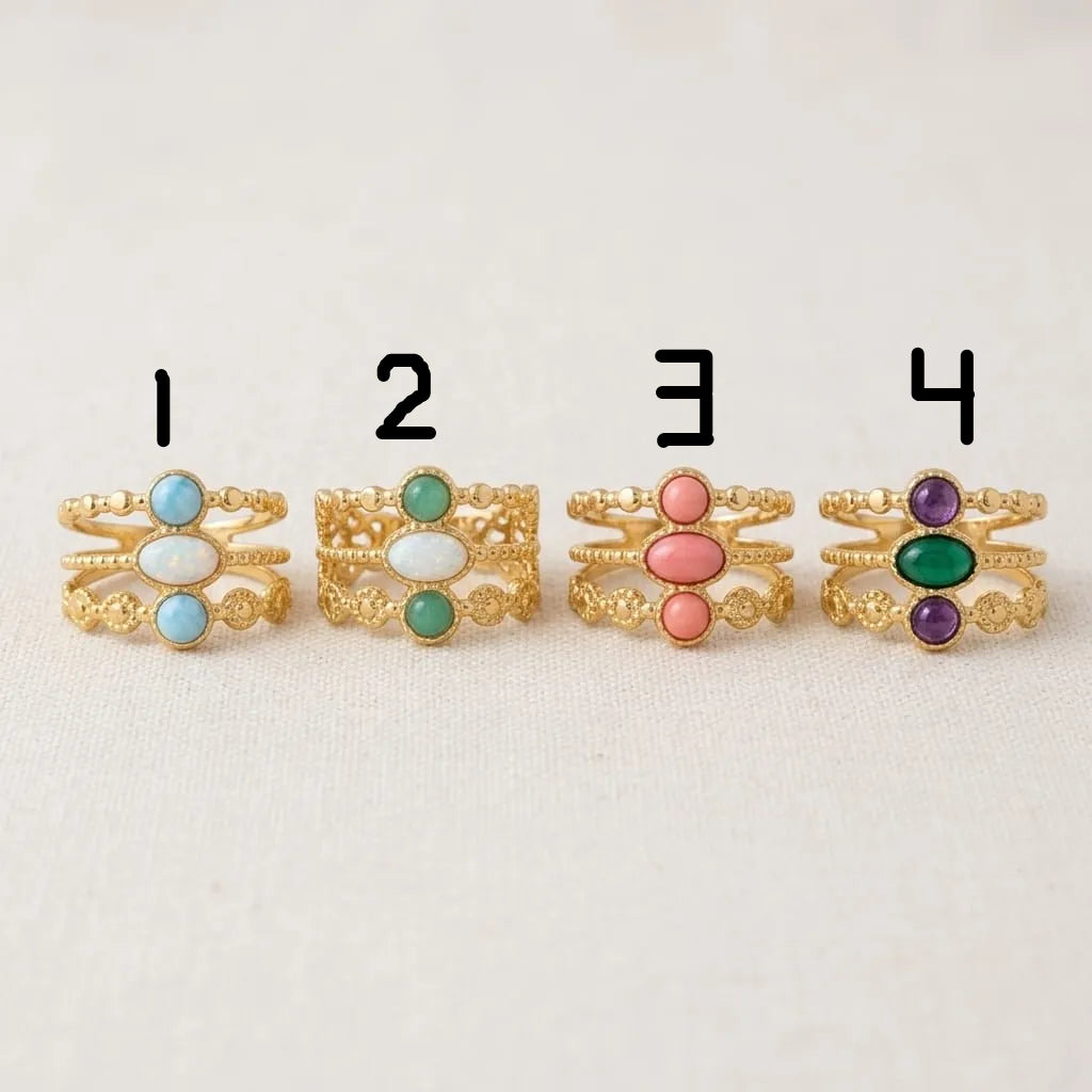 Golden Multi Tier Beaded Triple Stone Ring