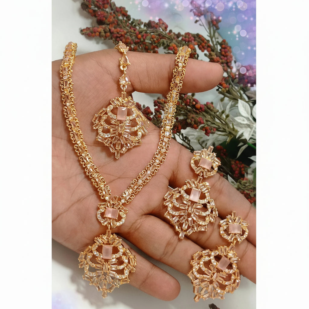 Zircon Necklace Set – Necklace, Earrings & Tikka