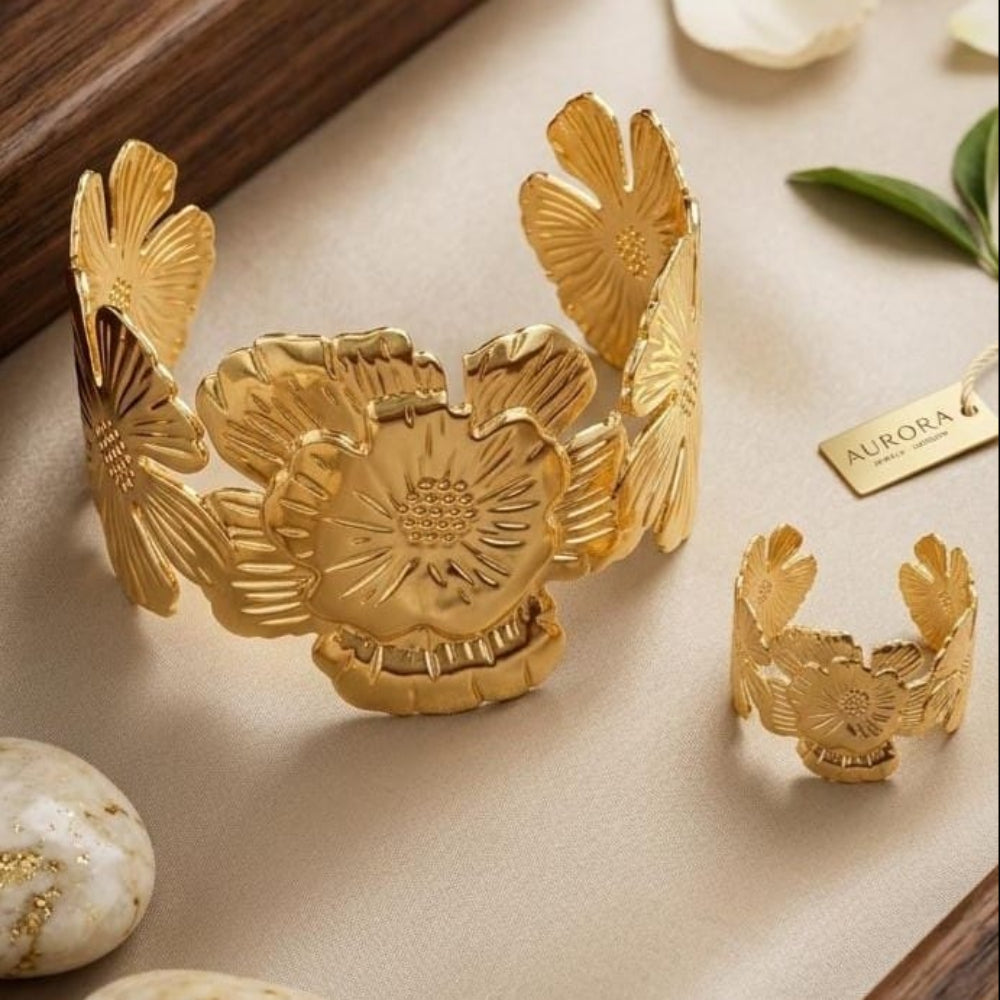 Gold-Toned Floral Statement Cuff Bracelet & Matching Ring – 2 Pcs Set