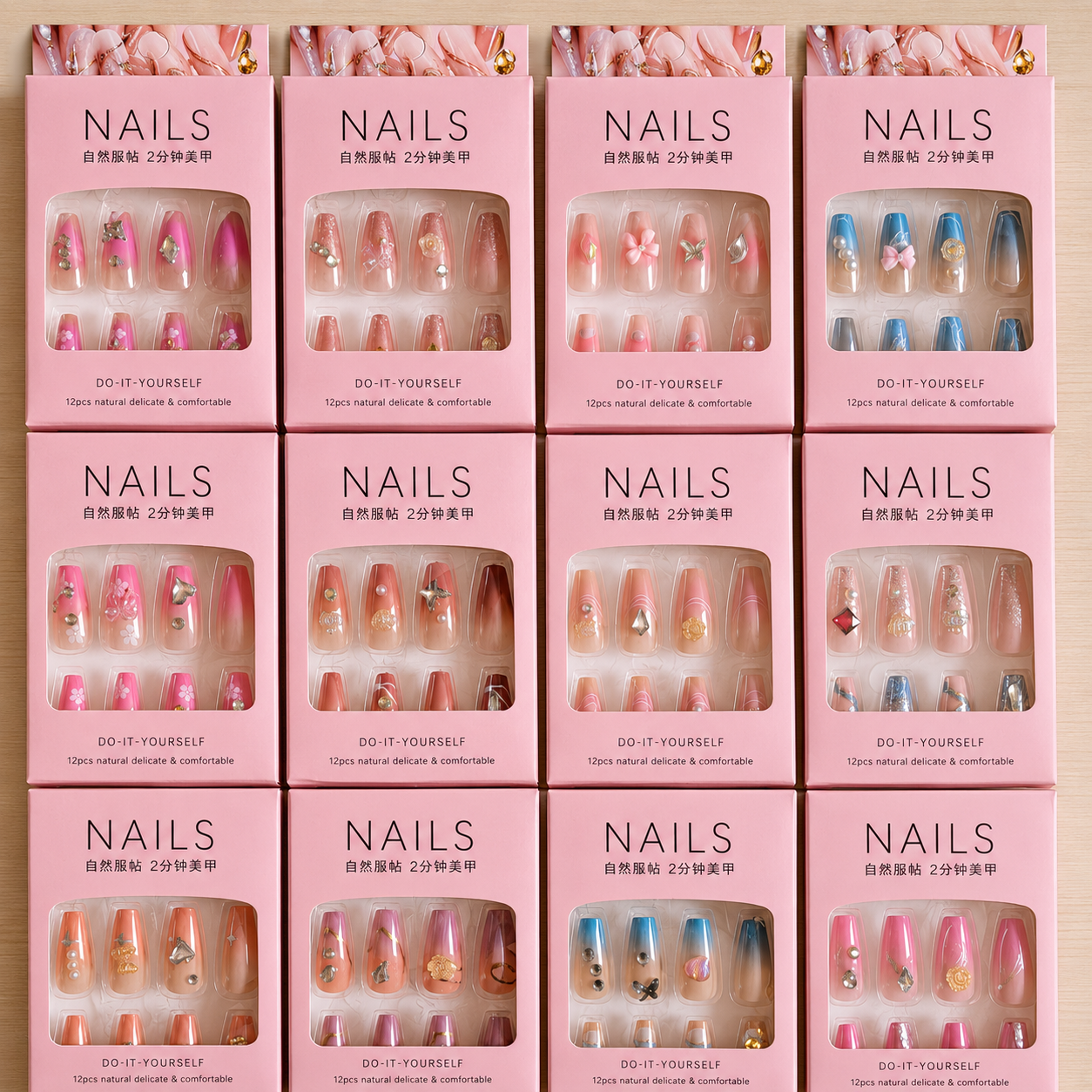 Premium Pink Press On Nails – 12Pcs