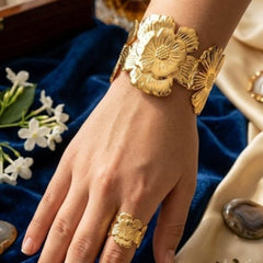 Bloom Sculptural Statement Cuff Bracelet & Ring Set - 2 Pcs Set