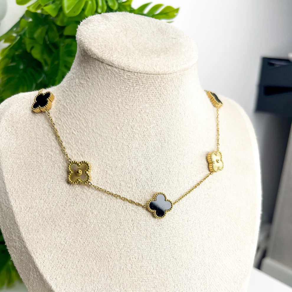 Stainless Steel Black Onyx Clover Necklace