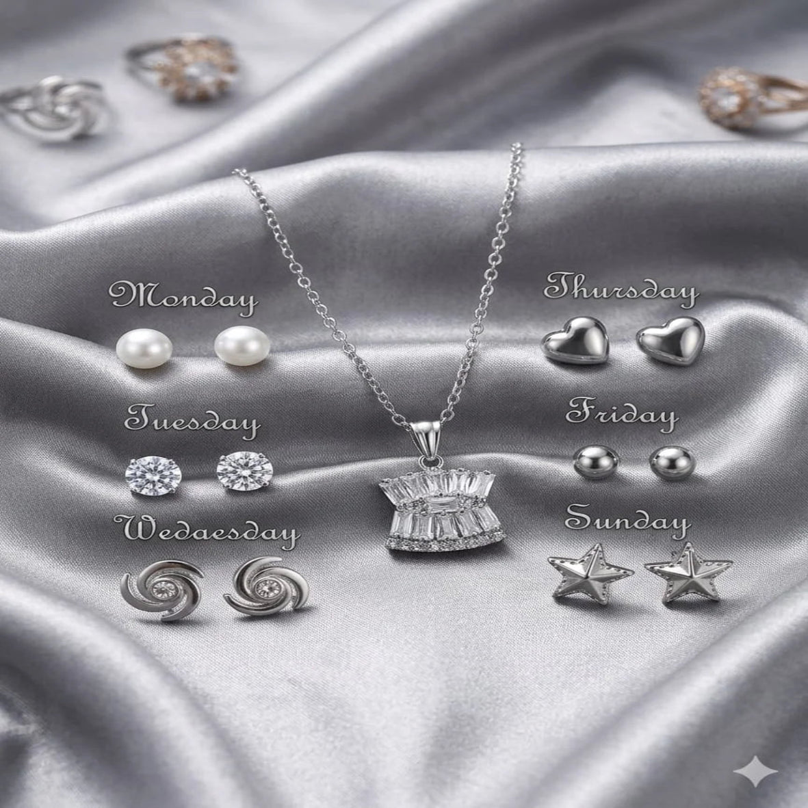 Seven Days of the Week jewelry gift set with necklace and matching stud earrings