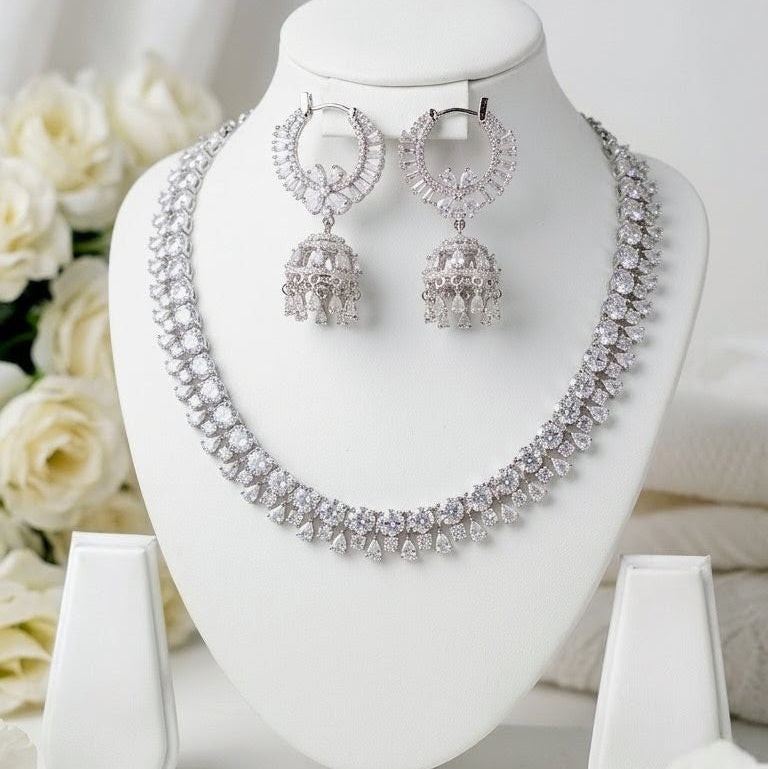 Silver-Tone American Diamond Necklace & Hanging Jhumka Earrings Set