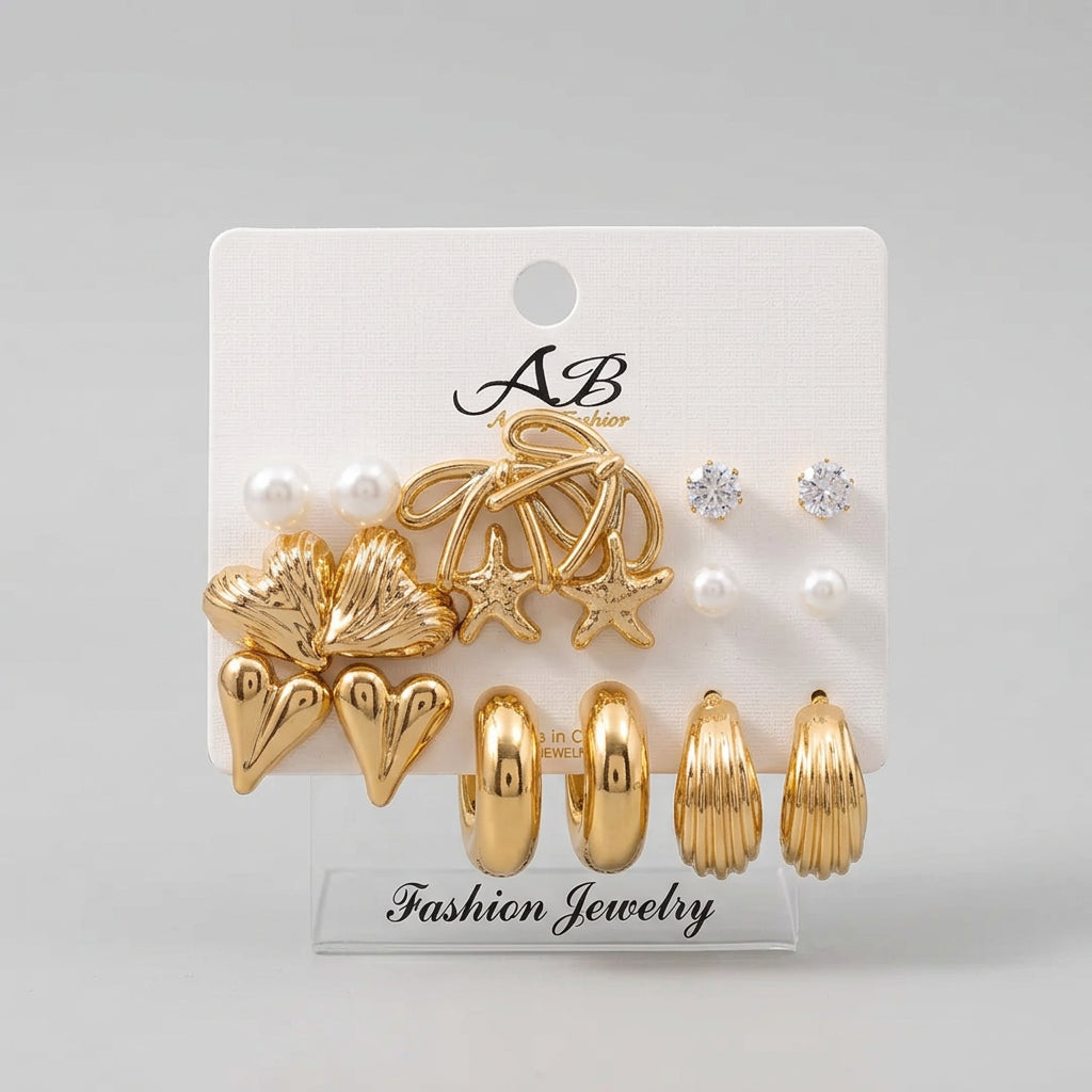Gold Plated Multi Piece Seashell, Starfish & Heart Earring Set