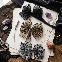 Ethereal Leopard Organza Hair Bows - Pearl Embellished Set - Each