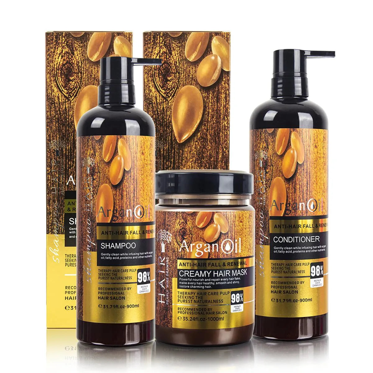 Argan Oil Extract Protein Shampoo Conditioner 900ml & Hair Mask Anti-Hari Fall & Renewal 1000ml