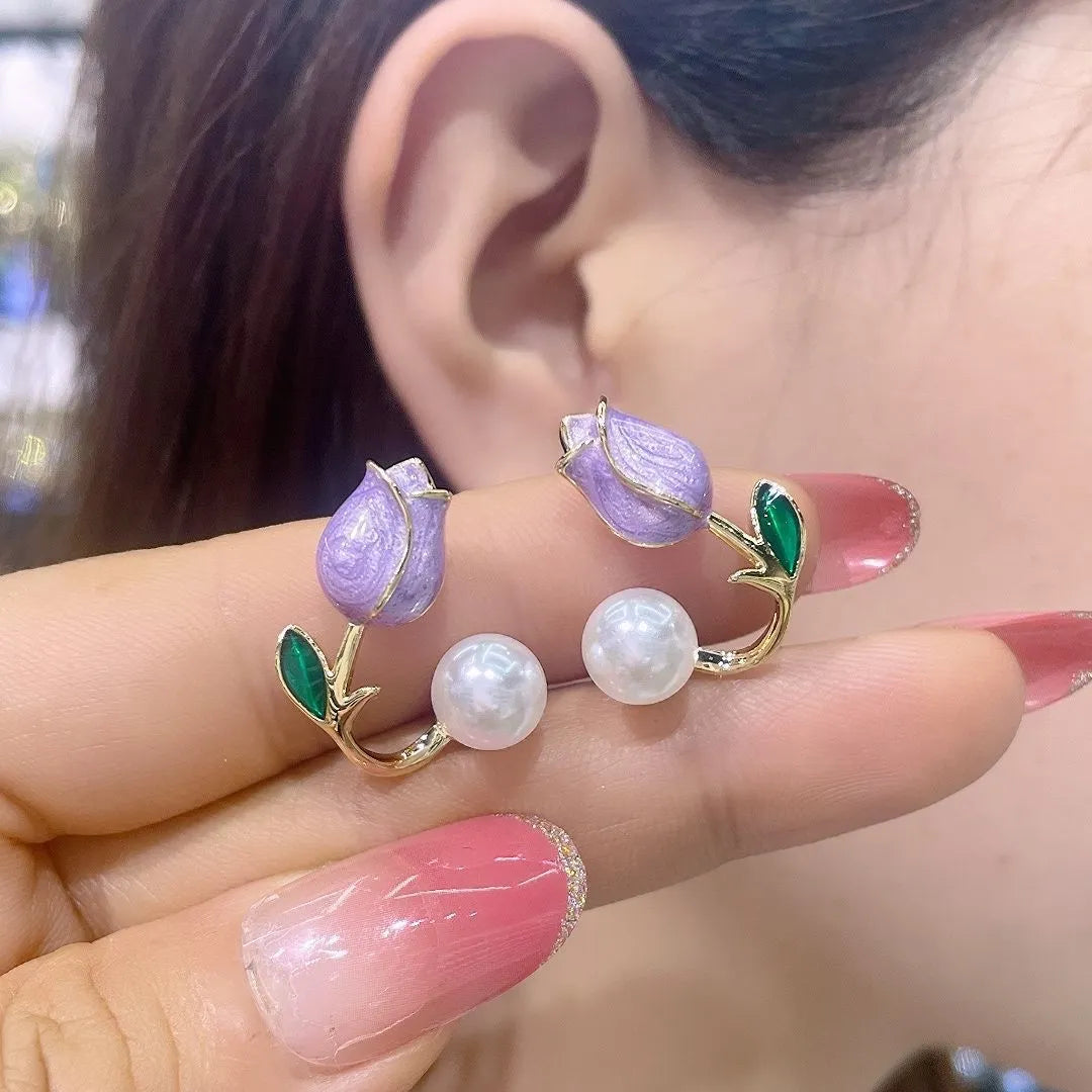 Stainless Steel Pink and Purple Tulip Pearl Earrings For Girls - Each Pair
