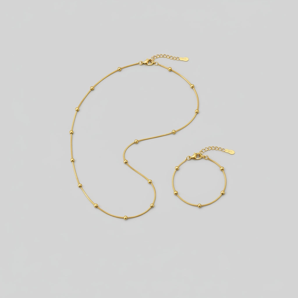 Gold Beaded Snake Chain Necklace & Bracelet Set - Each