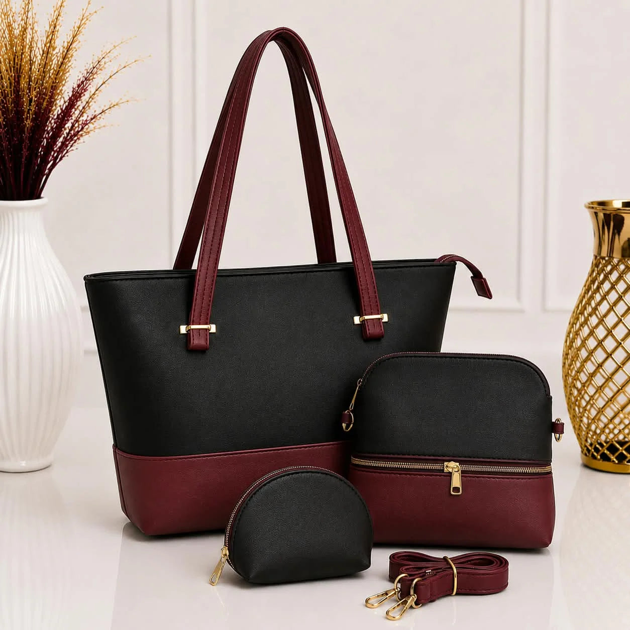 Dual Tone Leather Shoulder Tote Bag - 3 Piece Set