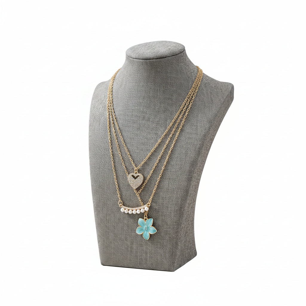 Gold-Toned Multi-Layered Heart & Floral Pendant Necklace