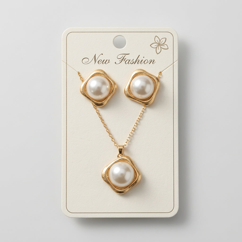 Gold Plated Square Framed Faux Pearl Pendant Necklace & Stud Earrings