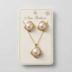 Gold Plated Square Framed Faux Pearl Pendant Necklace & Stud Earrings