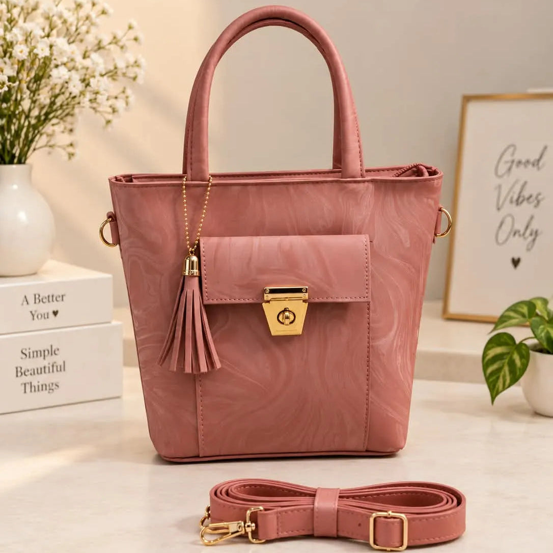 Marble Print Flap Pocket Top Handle Tote Bag with Tassel & Strap