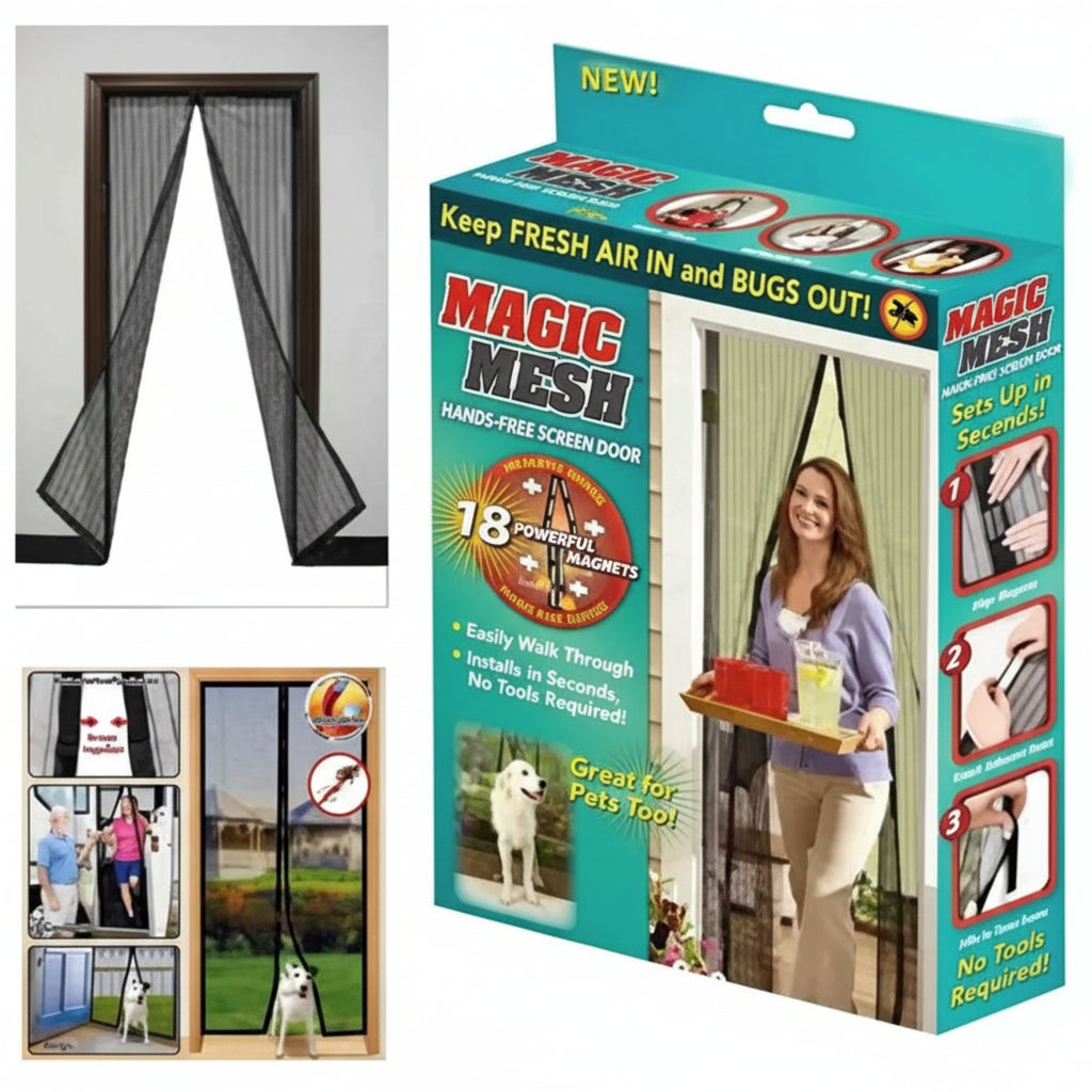 Magic Mesh Hands-Free Screen Door - 6x3.5 ft, Magnetic Auto-Close, Black