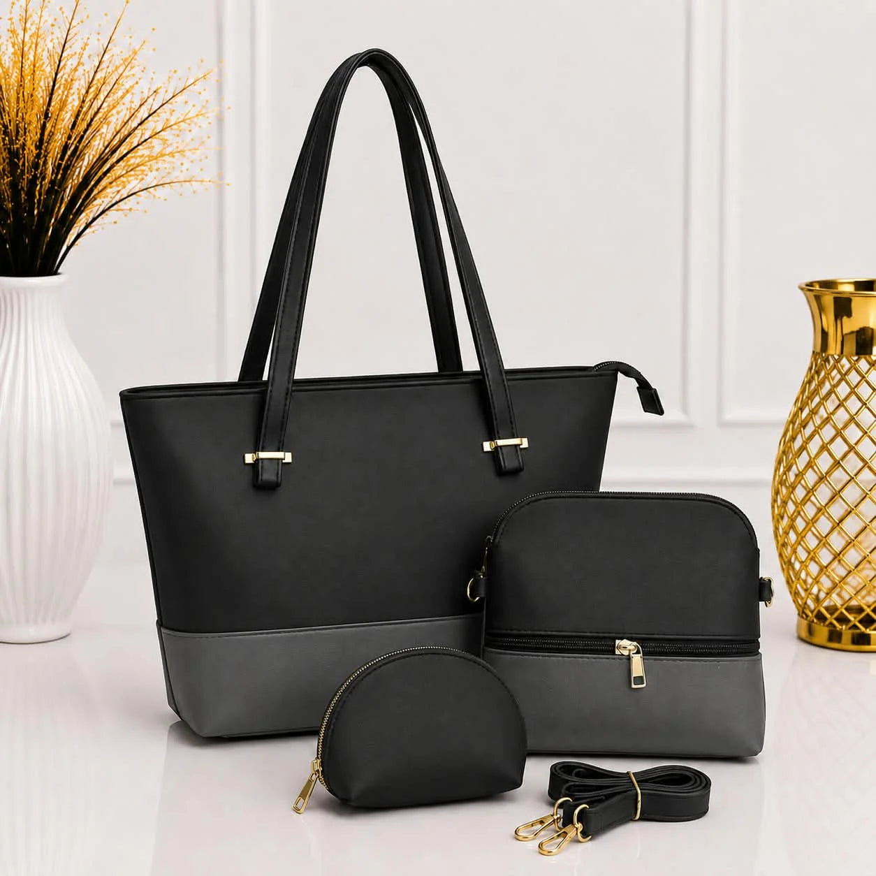 Dual Tone Leather Shoulder Tote Bag - 3 Piece Set