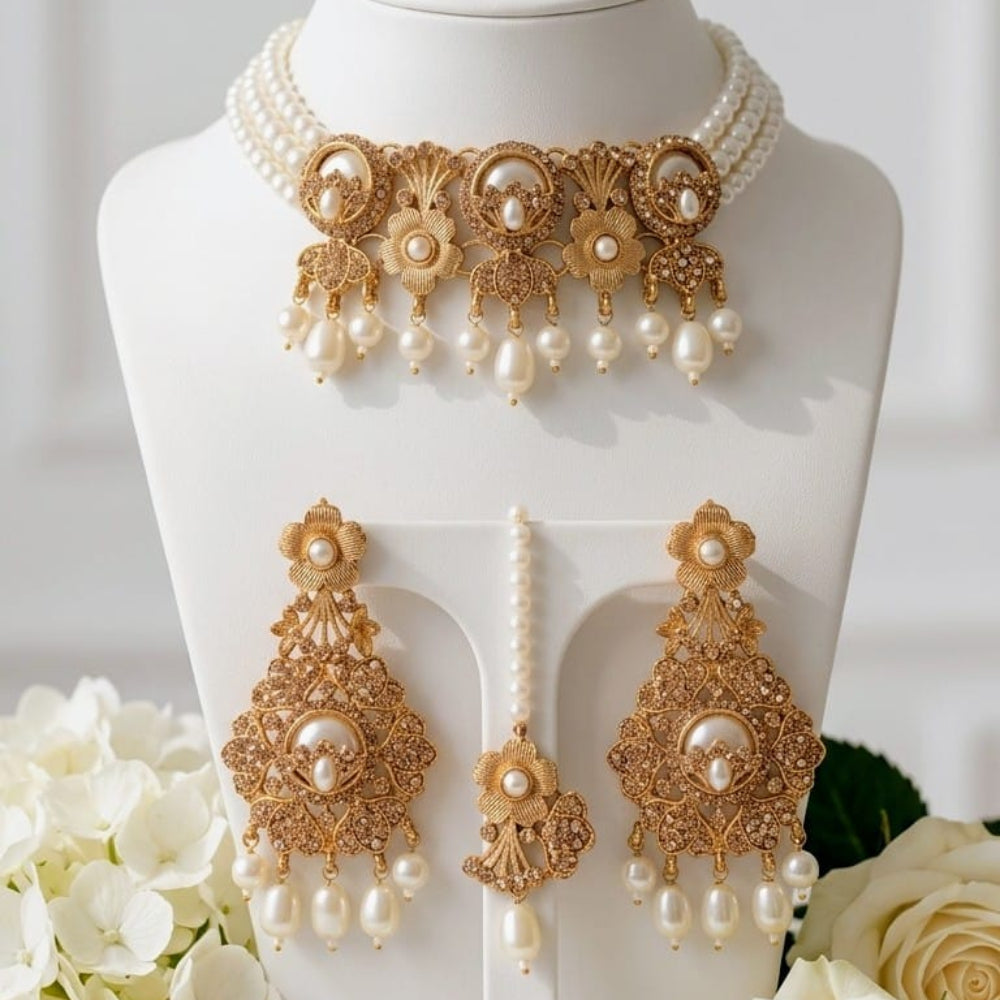Golden Pal Choker Necklace Set with Large Earrings & Tikka