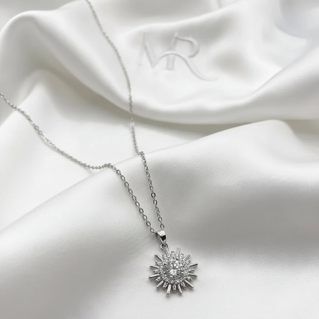 Silver Plated Sunburst Pendant Necklace with Crystal Zircon - Each
