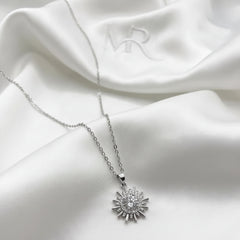 Silver Plated Sunburst Pendant Necklace with Crystal Zircon - Each