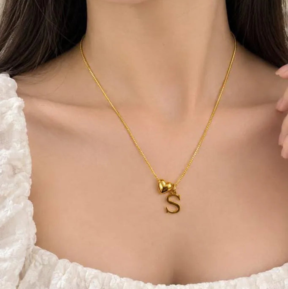 Puffy Heart & Initial Charm Pendant Chain Necklace