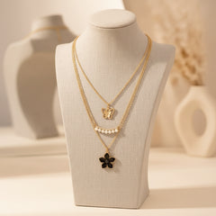 Gold-Toned Multi-Layered Heart & Floral Pendant Necklace