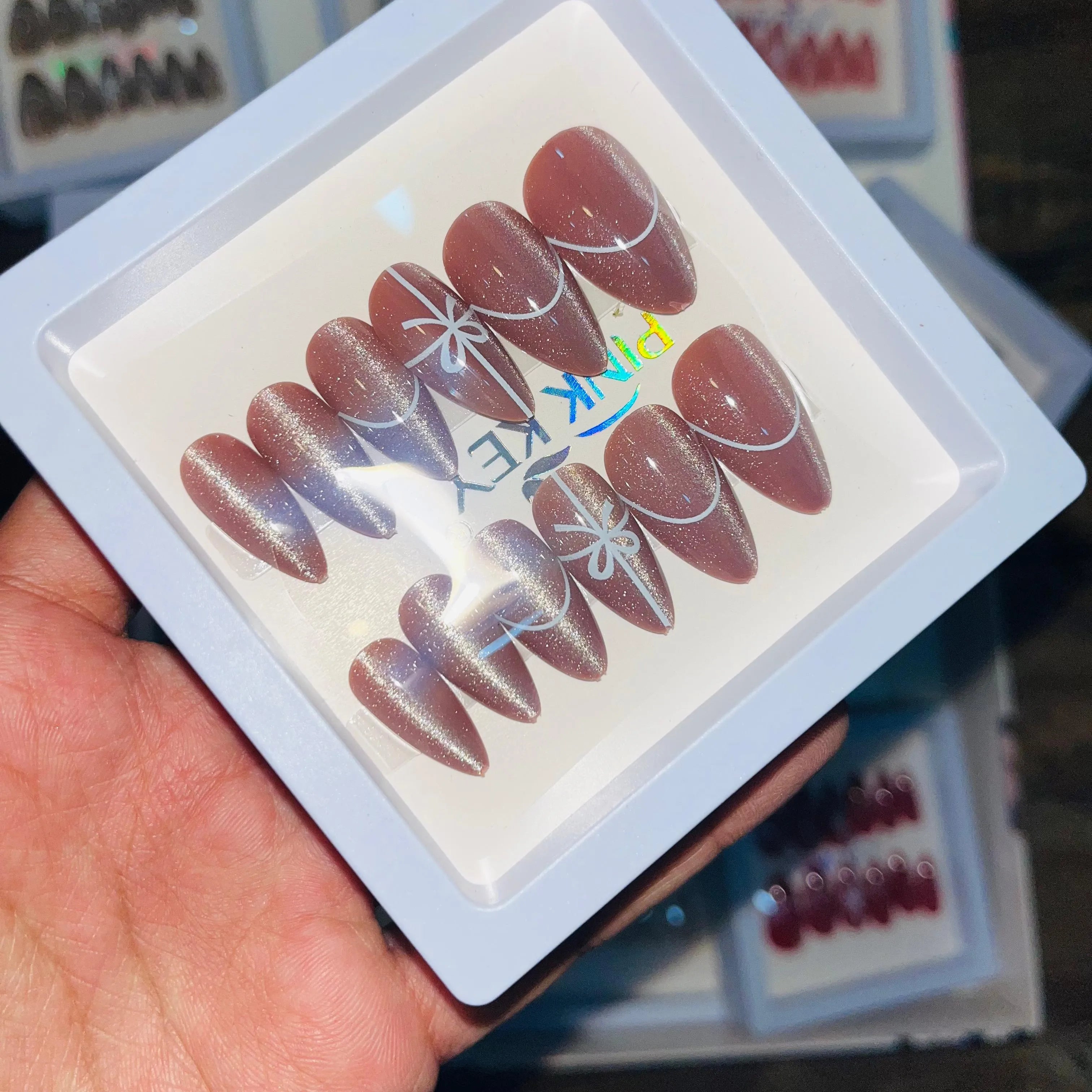 Pink key Stylish Cute Bow Salon Look Artifical Nails With Free Stickers (12 Pcs)