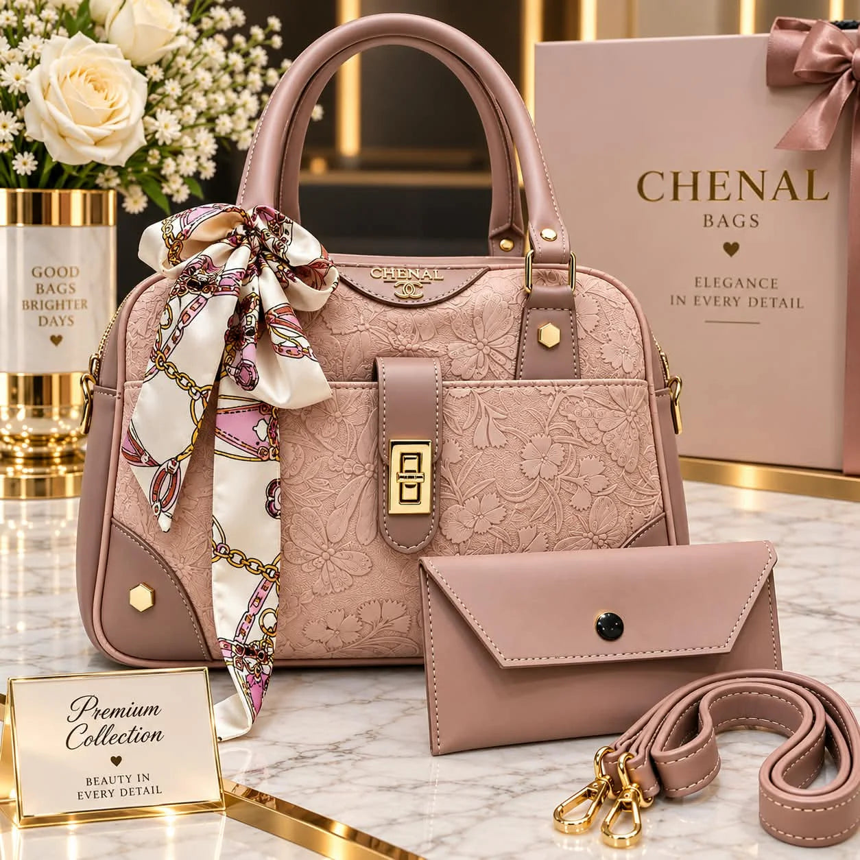CHENAL Womens Embossed Floral Handbag - 3 Piece Set