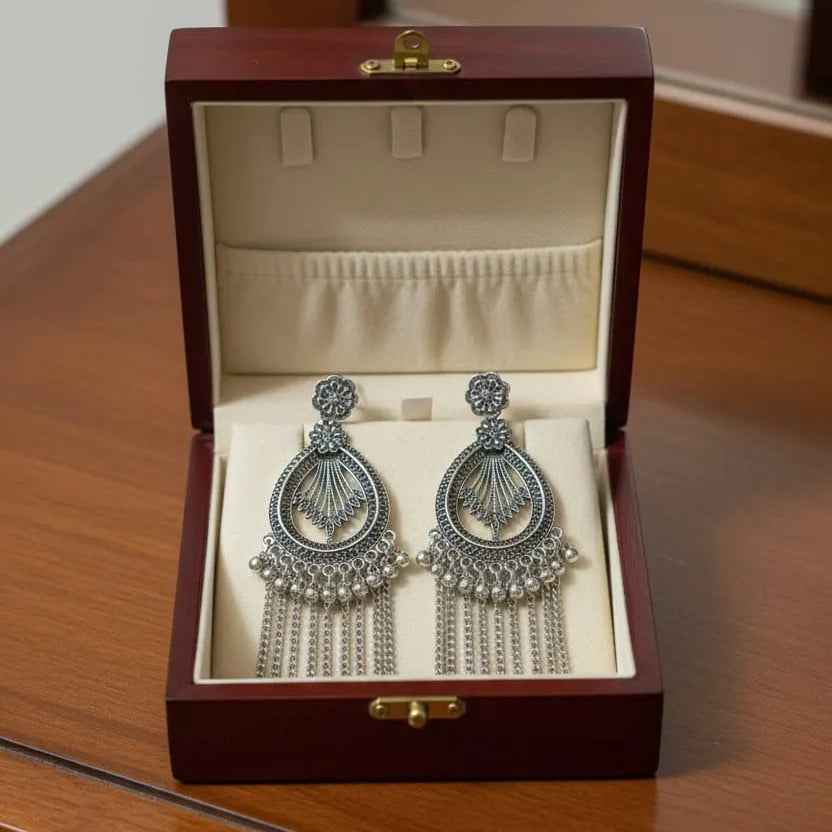 Silver-Plated Oxidized Afghani-Style Jhumka Drop Earrings