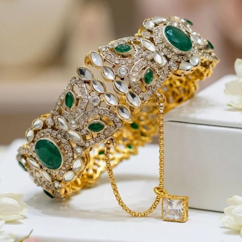 Traditional Gold-Plated Green Stone Kada Bangle - Each