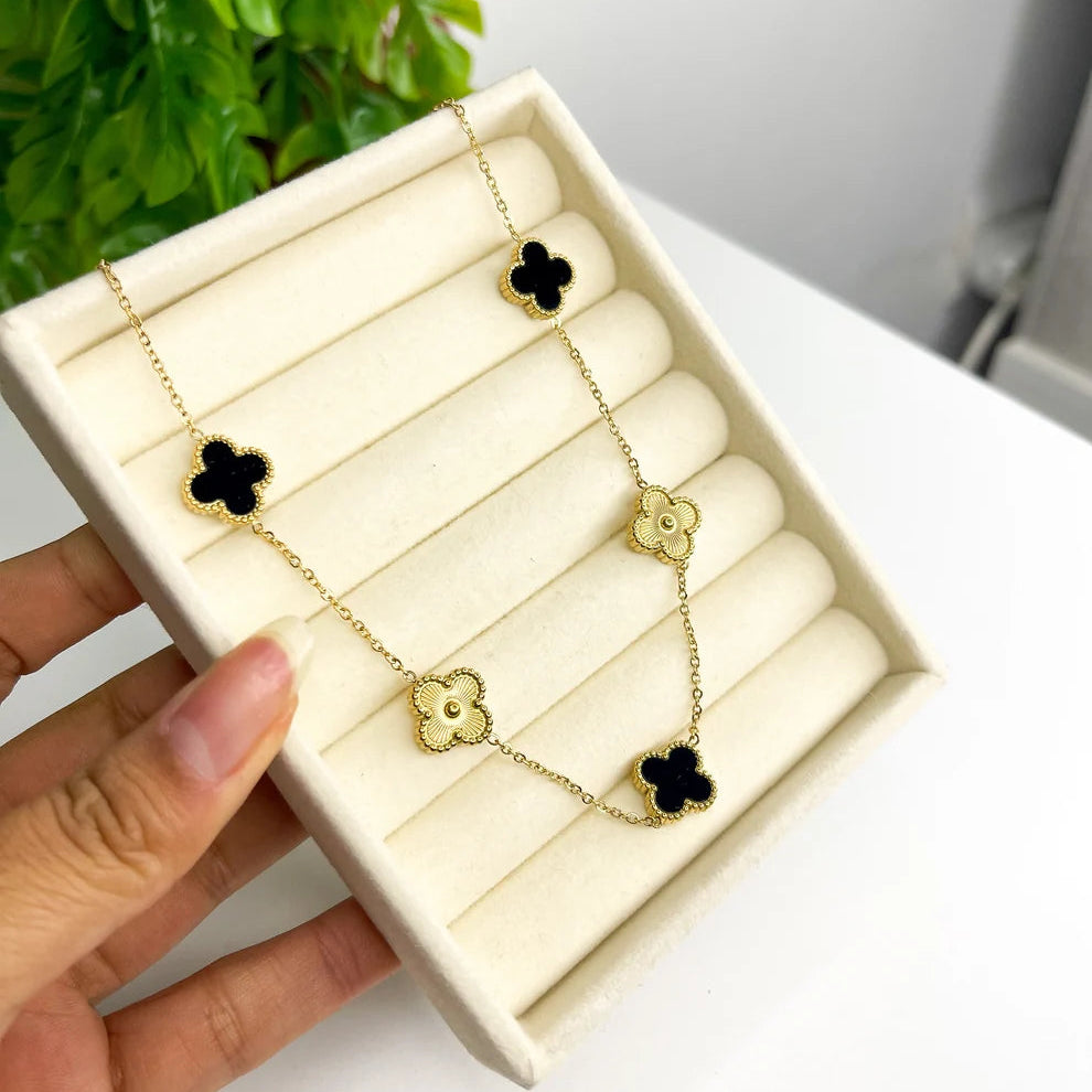 Stainless Steel Black Onyx Clover Necklace