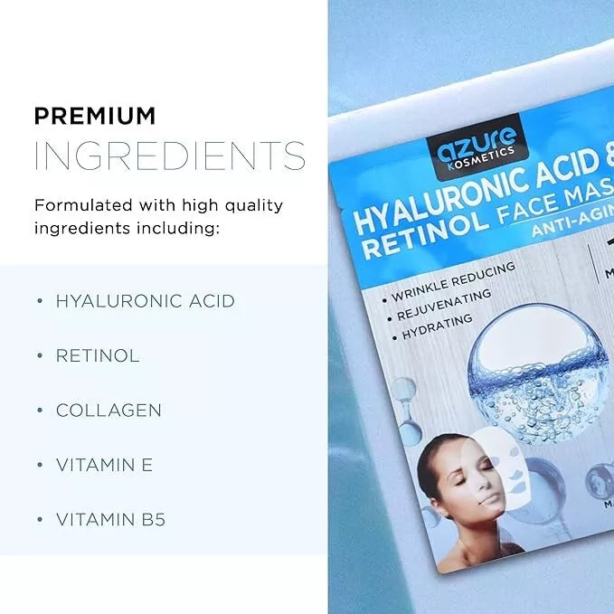 AZURE Hyaluronic Acid & Retinol Anti Aging Facial Mask-Rejuvenating -5 Pack