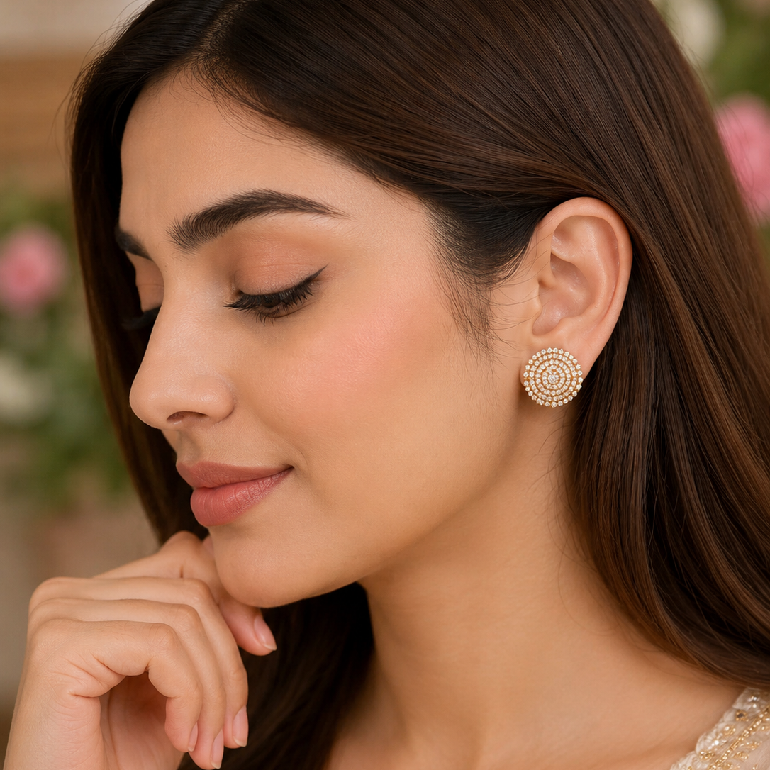 Golden Round Zircon Stud Earrings - Each Set