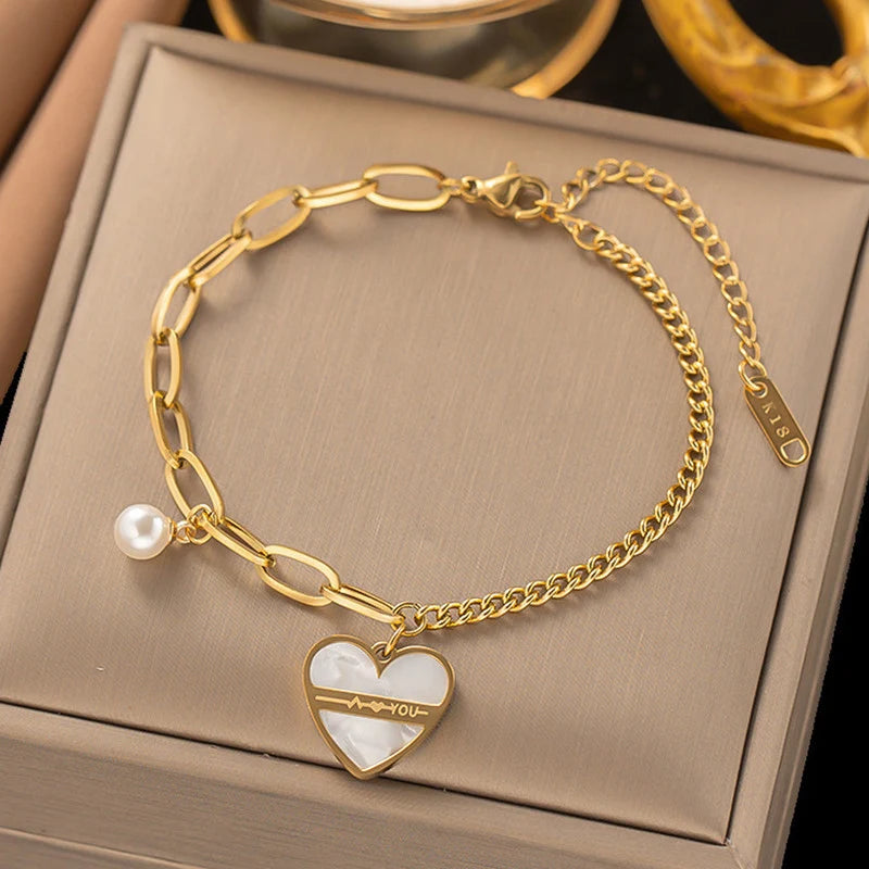 Stainless Steel Heart-Shaped Pearl Bracelet - Each