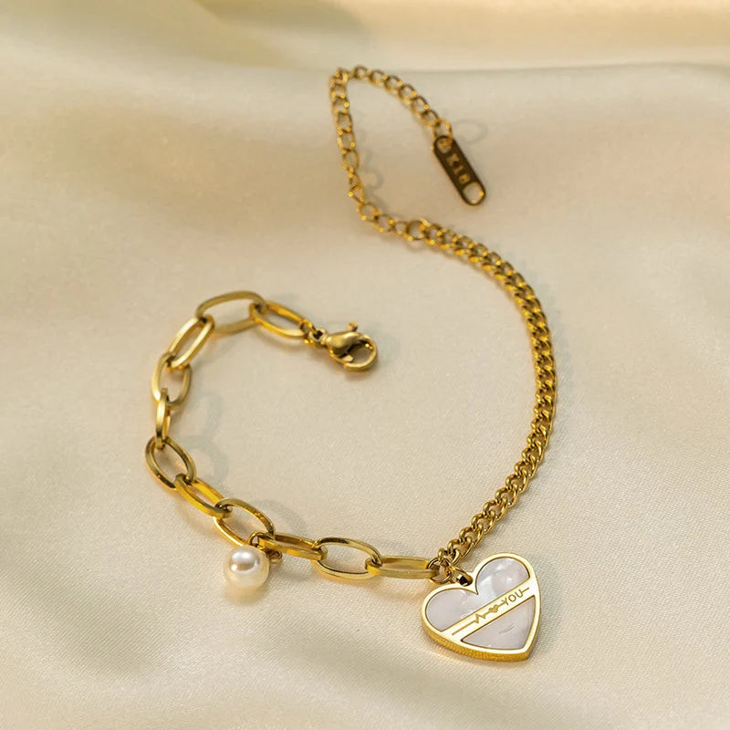 Stainless Steel Heart-Shaped Pearl Bracelet - Each