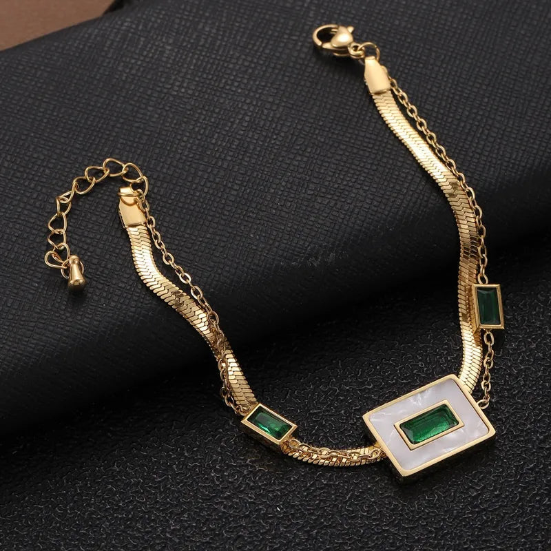 Stainless steel Green stone Square Charm Bracelet  - Each