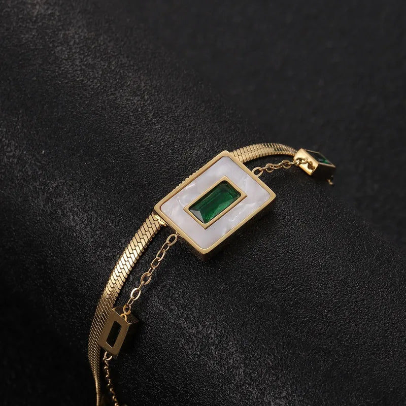Stainless steel Green stone Square Charm Bracelet  - Each