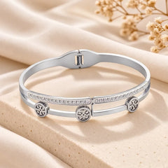 Stainless Steel Silver Double Band Logo Crystal Bangle