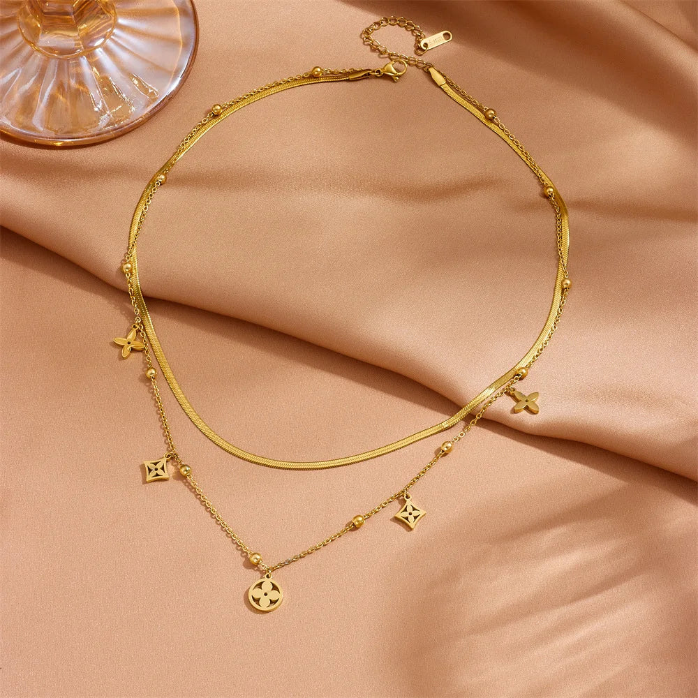 Stainless Steel Clover Cascade Layered Necklace - Each