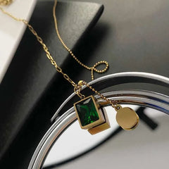 Green Crystal Wafer Square Pendant Necklace – Elegant Sparkle with Modern Charm