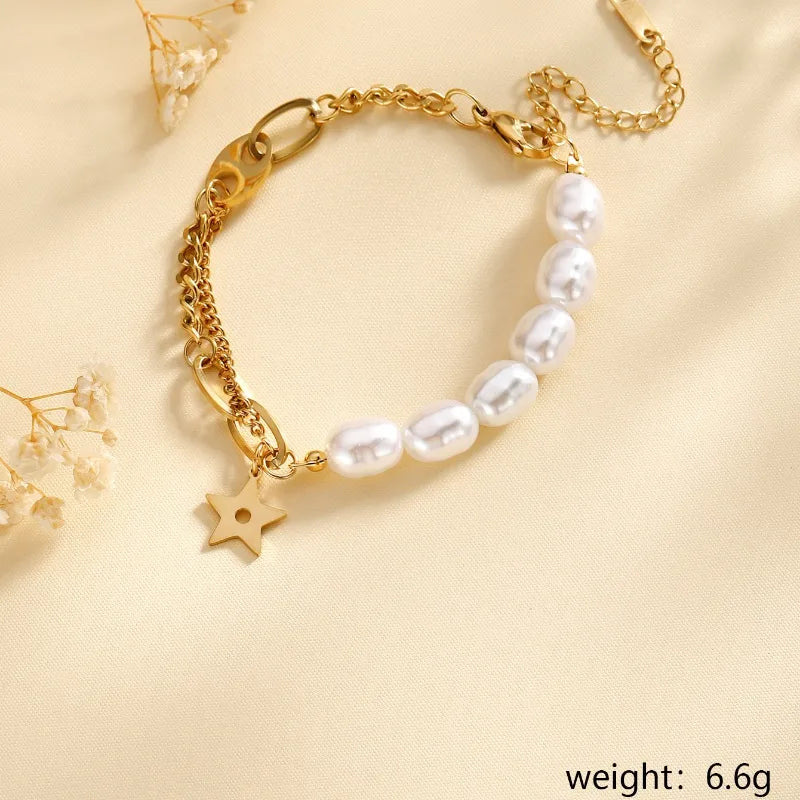 Stainless Steel Modern Celestial Bracelet - Gold and Pearl Chain - Each