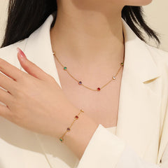 Stainless Steel  Multicolor Glass Bead Necklace and Bracelet - 2 Pcs Set